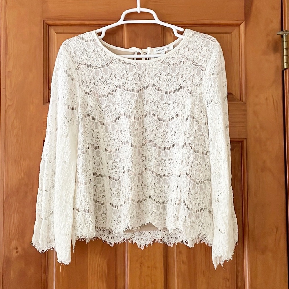 ROSE & OLIVE lace shirt size M ivory white cotton blend longsleeve - Picture 1 of 6